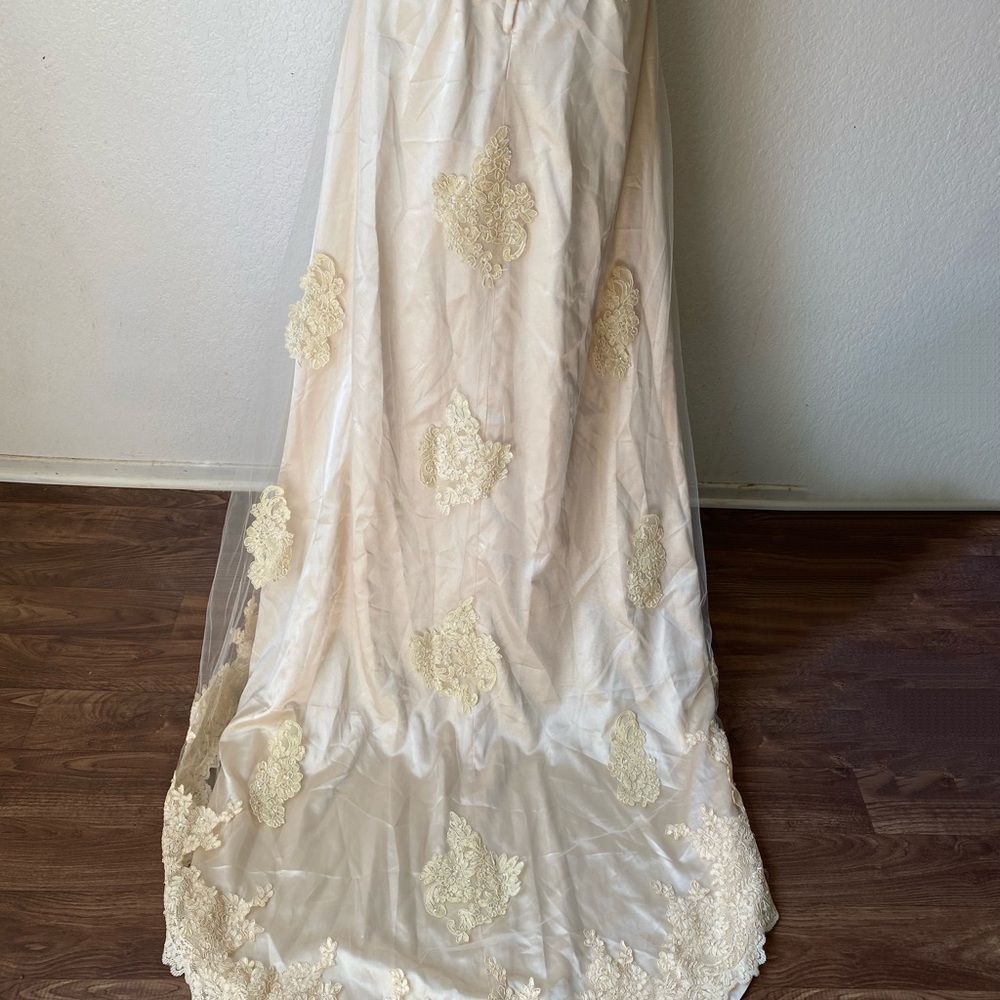 SOLD Champagne Gold Long Satin Pearl Wedding Dress - Picture 7 of 8